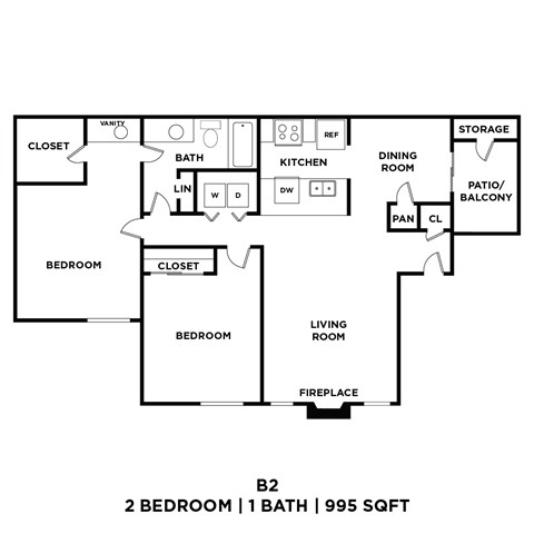 A black and white image of a floor plan for a 2 bedroom apartment with 1 bath and 995 sqft.